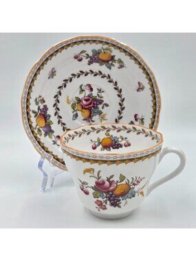 Spode Rockingham Set of 3 Footed Cup & Saucer Set Pink Flowers Geometric Trim